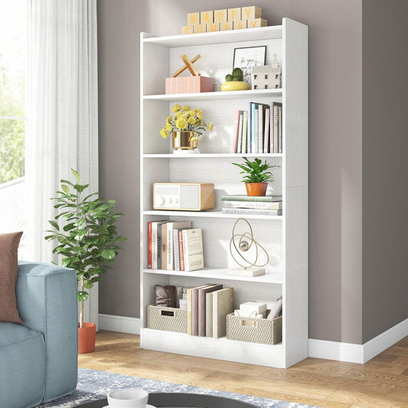 Bibliothèque moderne blanche à 6 niveaux avec rangement, Blanc