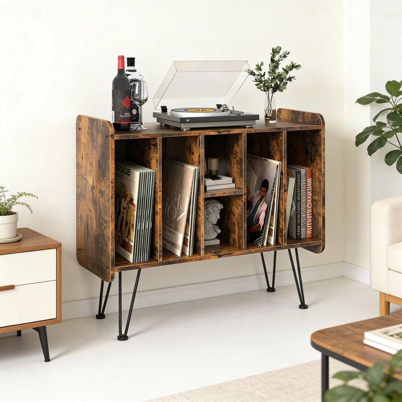 Record Player Stand, 2-Tier 6-Cube Vinyl Record Storage Cabinet, Turntable Stand Holds Up To 250 Albums, End Side Table For Living Room