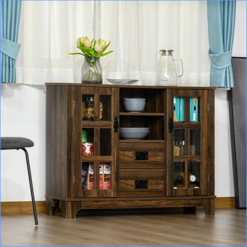 Buffet HOMcom avec portes en verre, tiroirs et amp; Tablettes réglables, noyer foncé | Panneau de particules | Panneau de fibres à densité moyenne