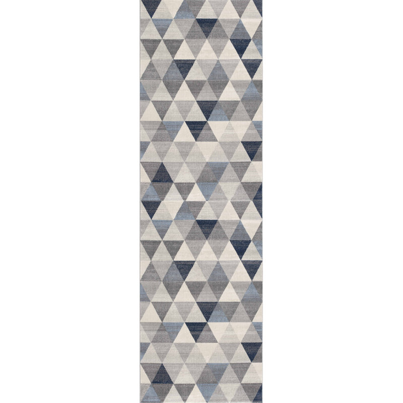 12' Blue And Beige Geometric Runner Rug