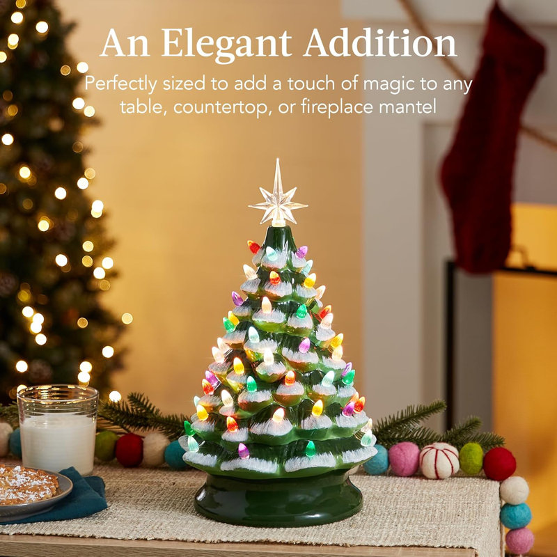 Arbre de Noël 15 po en céramique, arbre de Noël de table pré-éclairé peint à la main, 2 étoiles, 64 lumières - floqué avec ampoules multicolores