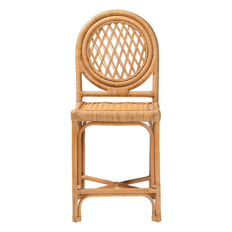 Bali & Pari Oxford Round Back Rattan Counter Stool - Handwoven Cane Counter Height Chair With Open Lattice Design, Natural Wicker Coastal Kitchen Island Seating