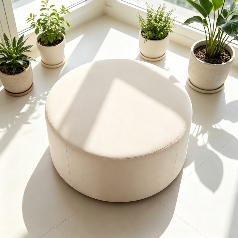 Henrik Modern Upholstered Round Ottoman, Cream Velvet
