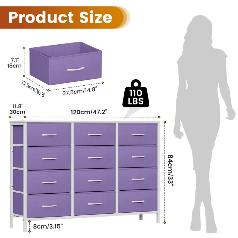 Metal 30cm W 12 - Drawer Chest of Drawers, Purple