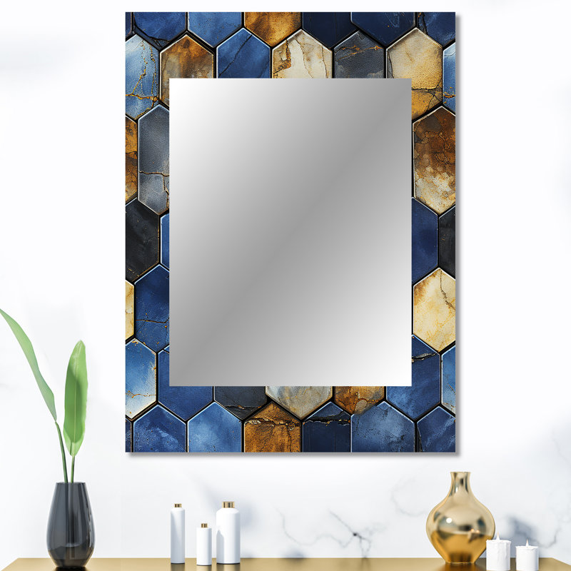 Grey And Blue Hexagone Symmetry - Geometric  Mirror, Geometric Unique Wall Mirror, Printed Metal Art, 40" x 30"
