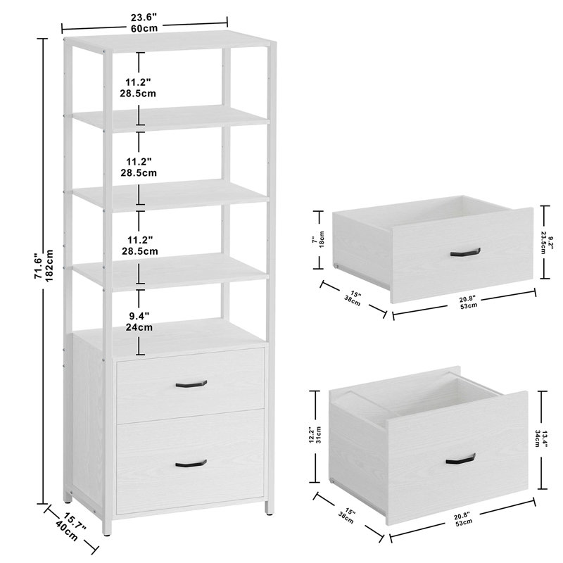 71.6 Inch High Bookshelf 5 Shelves Industrial Bookcase with File Cabinet Drawers, White