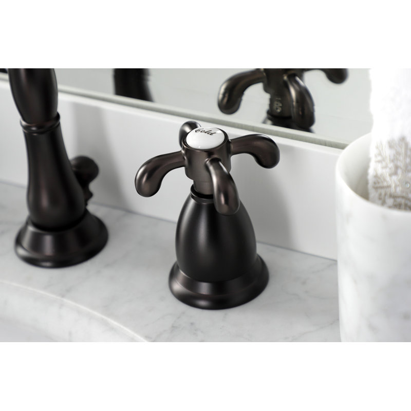 Kingston Brass French Country Two-Handle 3-Hole Deck Mount Widespread Bathroom Faucet with Brass Pop-Up Drain