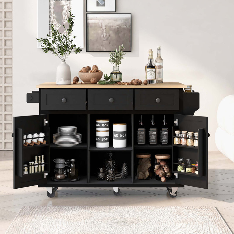 Kitchen Cart With Rubber Wood Drop-Leaf Countertop 5 Wheels  And 3 Drawers, Black
