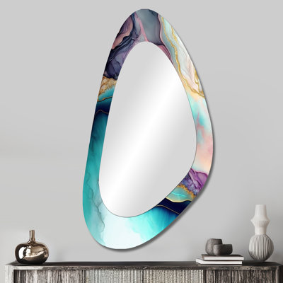 Bleu et bleu abstrait Geode III - miroir asymétrique en marbre, miroir mural décoratif de forme unique bleue, impression d'art en métal