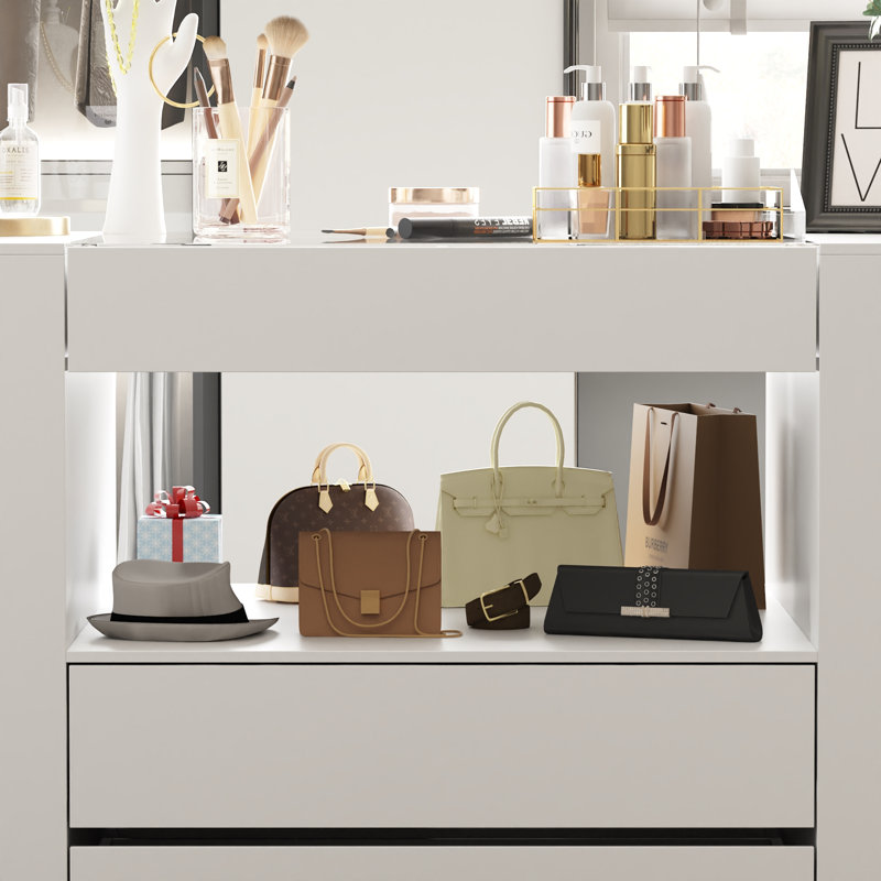 Commode 14 tiroirs à 1 tablette avec design gracieux et plateau en verre trempé