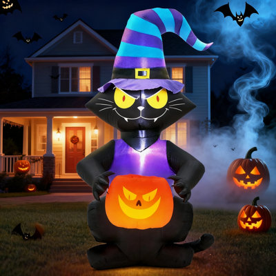 Décoration de chat gonflable d'Halloween de 6 pi - Chat noir avec chapeau de sorcière tenant un visage de citrouille et lumières DEL intégrées pour la fête d'Halloween