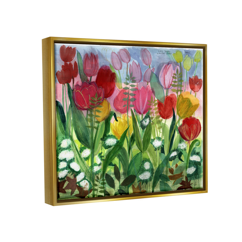 «Lush Varied Spring Tulip Blooming Flower Meadow», peinture sur toile à cadre flottant, H 17 po x l 21 po x P 1,7 po
