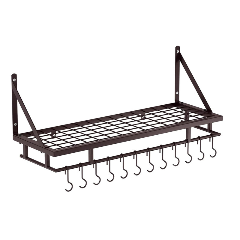 30-Inch Oiled Bronze Wall-Mounted Pot Rack with 12 Hooks - Farmhouse Style, Oiled Bronze