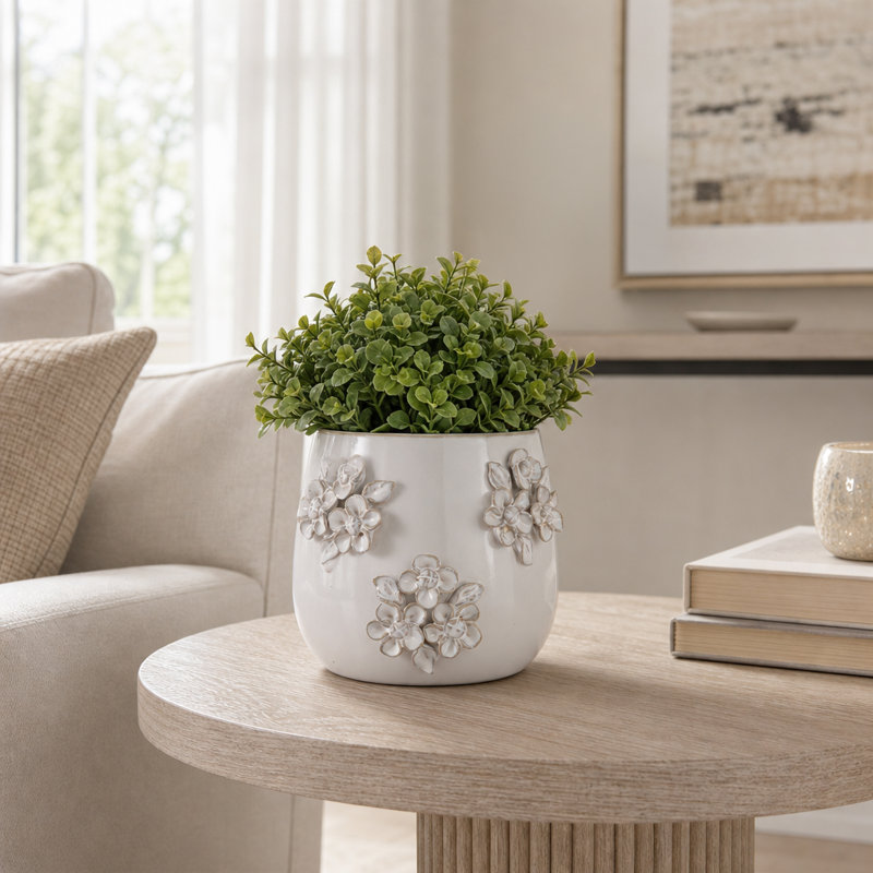 Modern Embossed Ceramic Floral Round Outdoor Planter for Garden Patio - Sleek Home Indoor Flower Pot for Living Room Decor Accent - Ivory