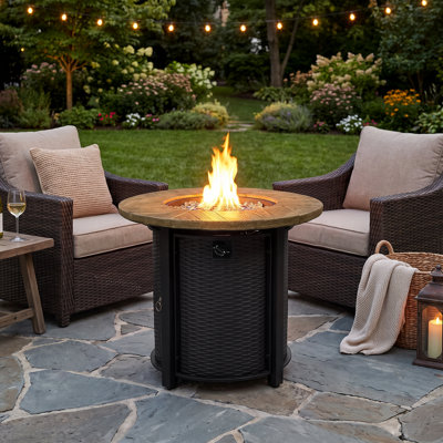 30 Inch Round Propane Fire Pit Table, 50,000 BTU Outdoor Gas Fire Table with Wood-Grain Finish & Glass Stones, Side Door for 20 lb Tank, Rain Cover Included, for Patio, Backyard, Balcony