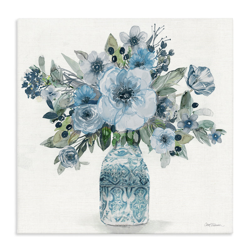 Toile pastel à motif de bouquet botanique bleu, design par Carol Robinson, H 17 po x l 17 po