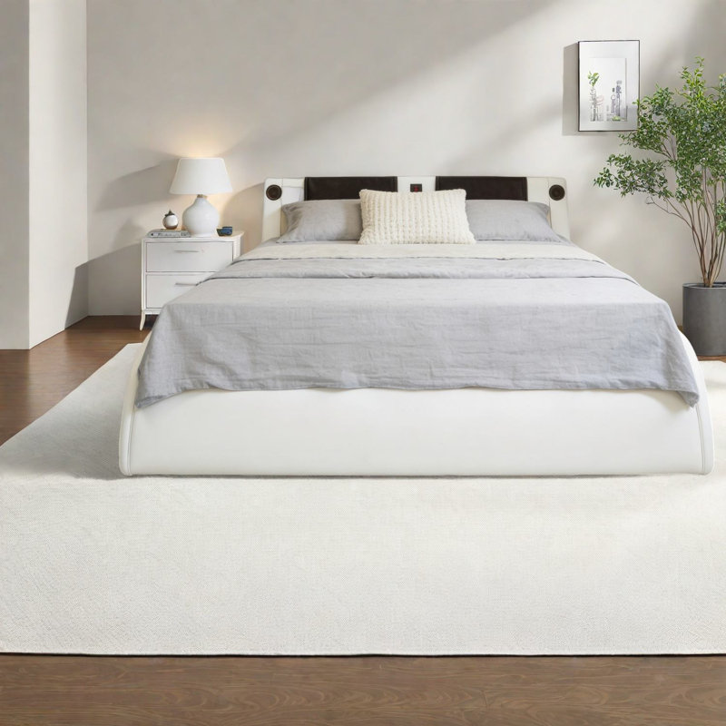 Très grand lit multifonctionnel, cadre en MDF blanc, confort moderne