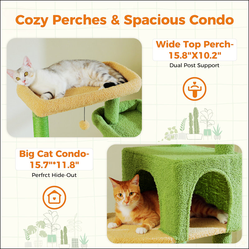 69" Tall Green Sisal and Plush Cat Tree with Hammocks