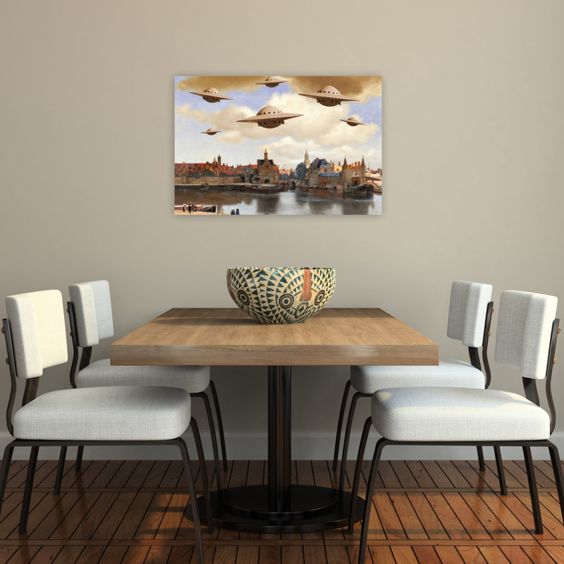 Ufos Over Historic City Classic Retro Surreal City Architecture Wall Art Print by Marja Van Den - Wrapped Canvas Print