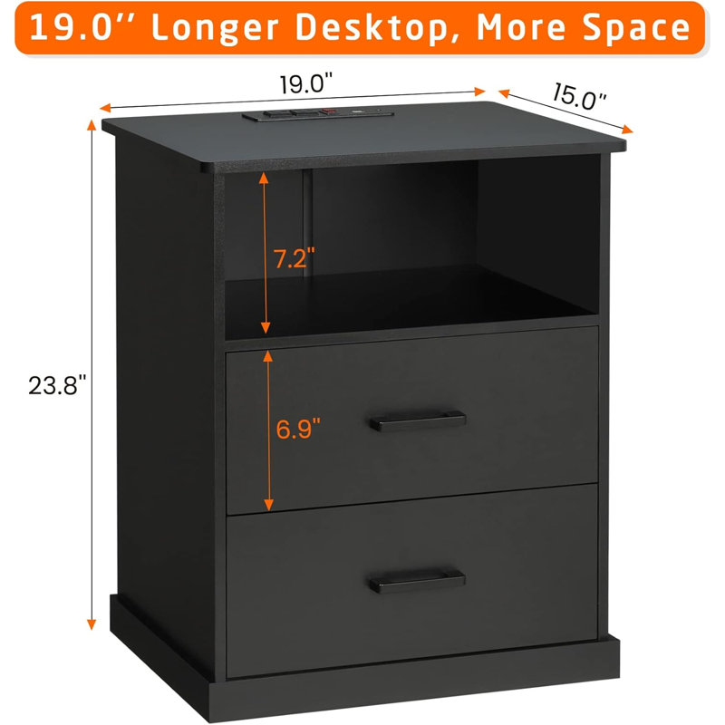 Nightstand with 2 Storage Drawers and Open Cubby,Bedside Table with Charging Station,Wider Tabletop 19.0'' X 15.0'',End Side Table for Home Office,Bedroom,Living Room,Dormitories,Black