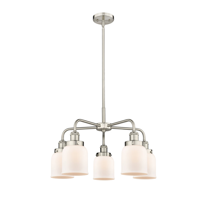 Lustre en verre à 5 lumières Bell, Blanc mat, Nickel satiné