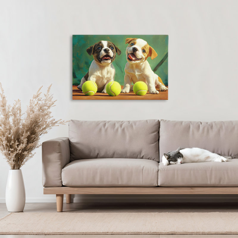 Adorable chiots avec des balles de tennis, toile par Imagine It Images, H 20 po x l 30 po