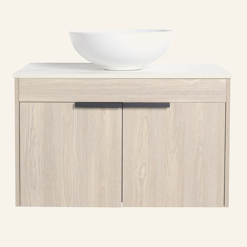 Meuble-lavabo moderne 42 po avec lavabo d'art en céramique, dalle de pierre blanche et petites tablettes de rangement, porte à fermeture douce