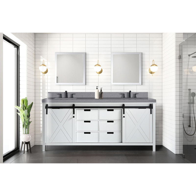 Meuble-lavabo double blanc 80 po Large, 30 miroirs, deux unités de rangement intérieures, six tiroirs, une salle de bain facile à installer avec armoires, tiroirs et tablette ouverte, assemblage complet pour une installation rapide