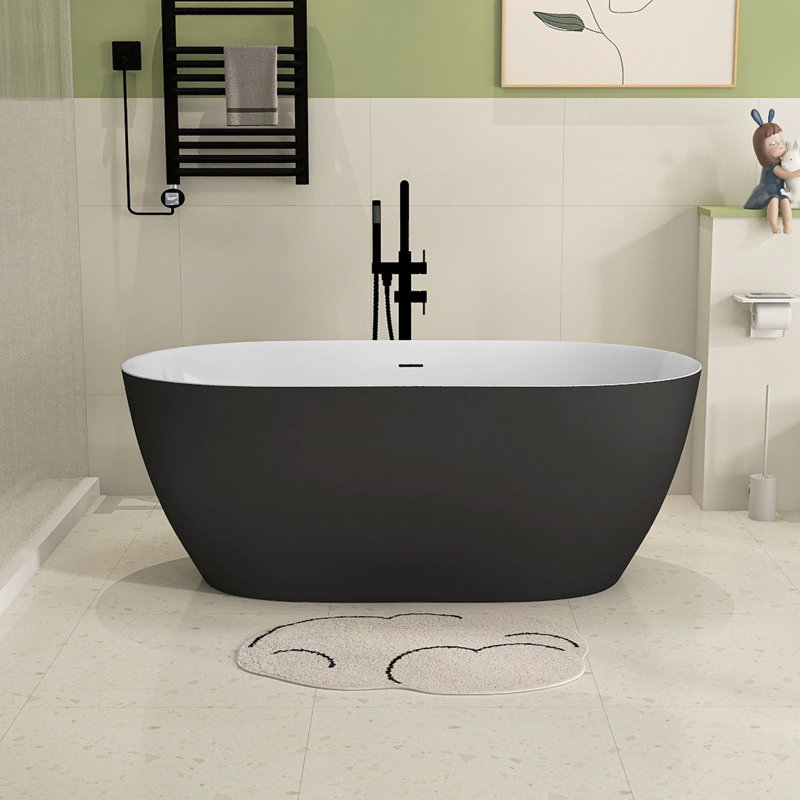 Baignoire de trempage contemporaine autoportante en acrylique avec trop-plein et drain 59 po. X 30 po., Noir mat
