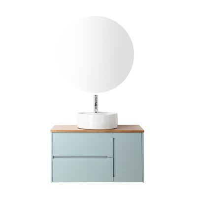 Meuble-lavabo mural moderne bleu minimaliste de 36 pouces: tiroir double, porte simple, plateau en bois massif, lavabo rond, miroir stable et meuble-lavabo à installation confortable avec armoire, céramique naturelle