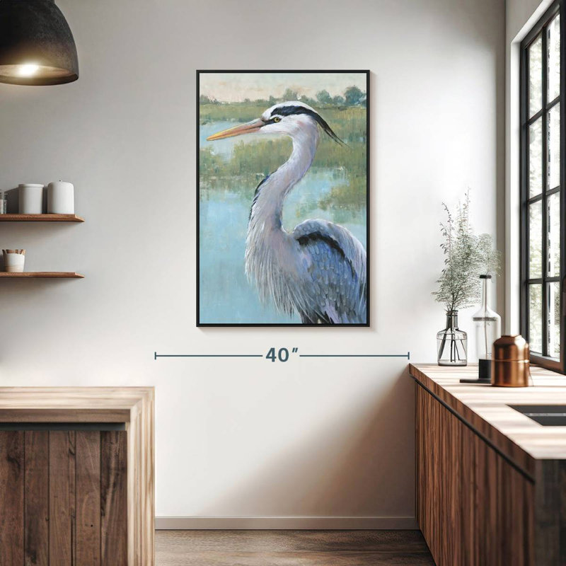 Portrait de héron bleu I, Cadre flottant noir, 27 po x 40 po