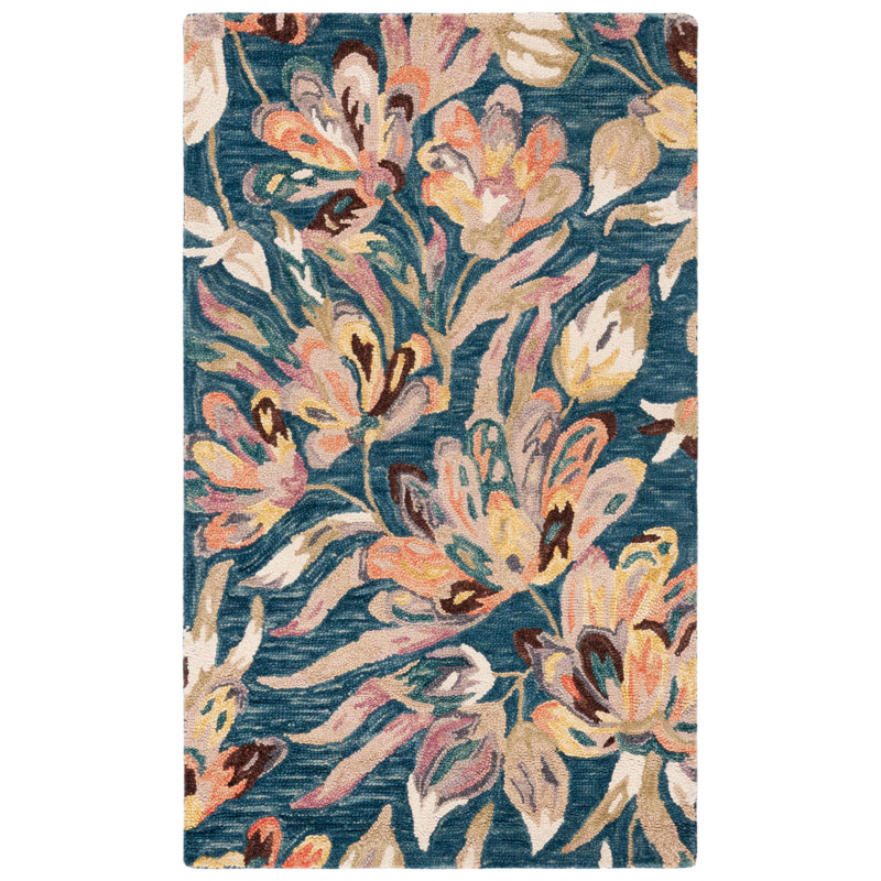 Kellis Hand Tufted Wool/Cotton Floral Rug in Plum/Blue, Rectangle 3' x 5'