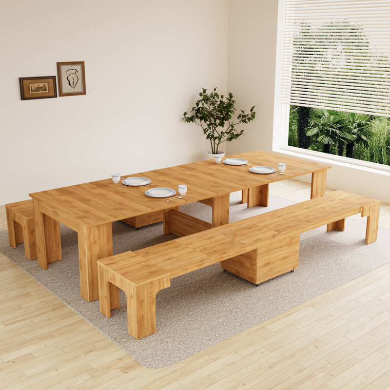 Haakon Kitchen Dining Table Set, 18"-118" Extendable Console Table with Bench(Table, 2 Benches), Cream