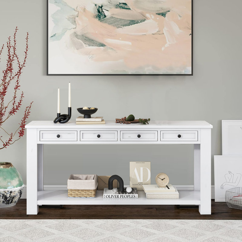 Console de style rétro en bois avec 4 tiroirs, Blanc antique