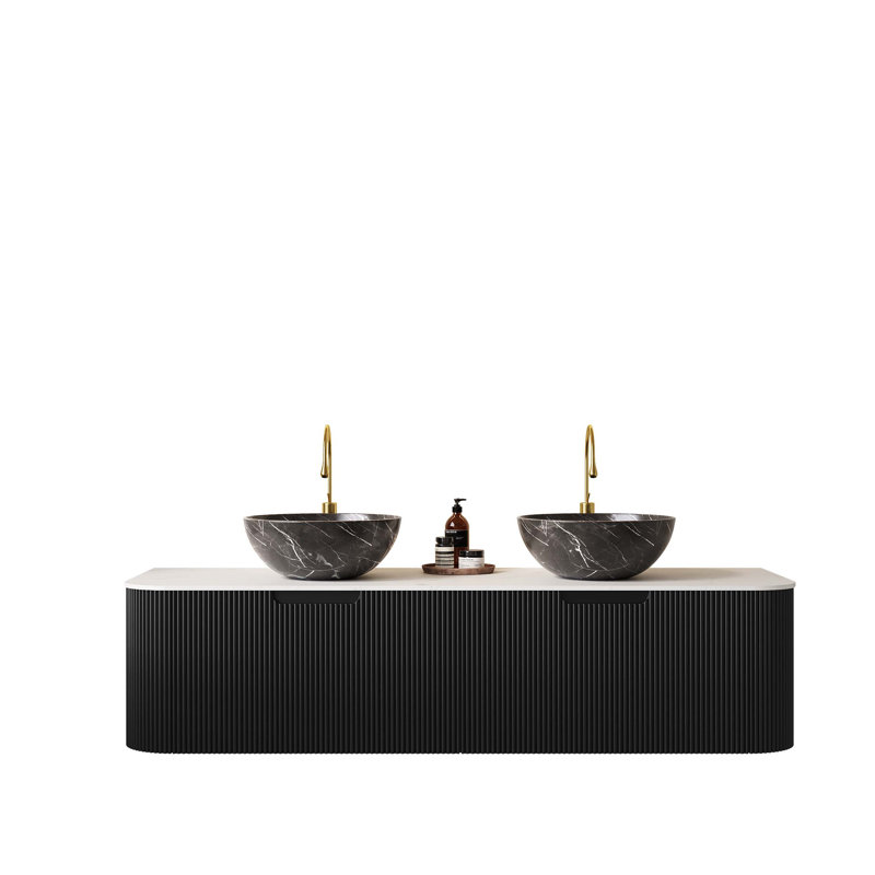 Wall-Mounted Floating Bathroom Vanity with Sinks, Striped Storage Cabinet, Drawers, and Ceramic Basins for Modern Bathrooms
