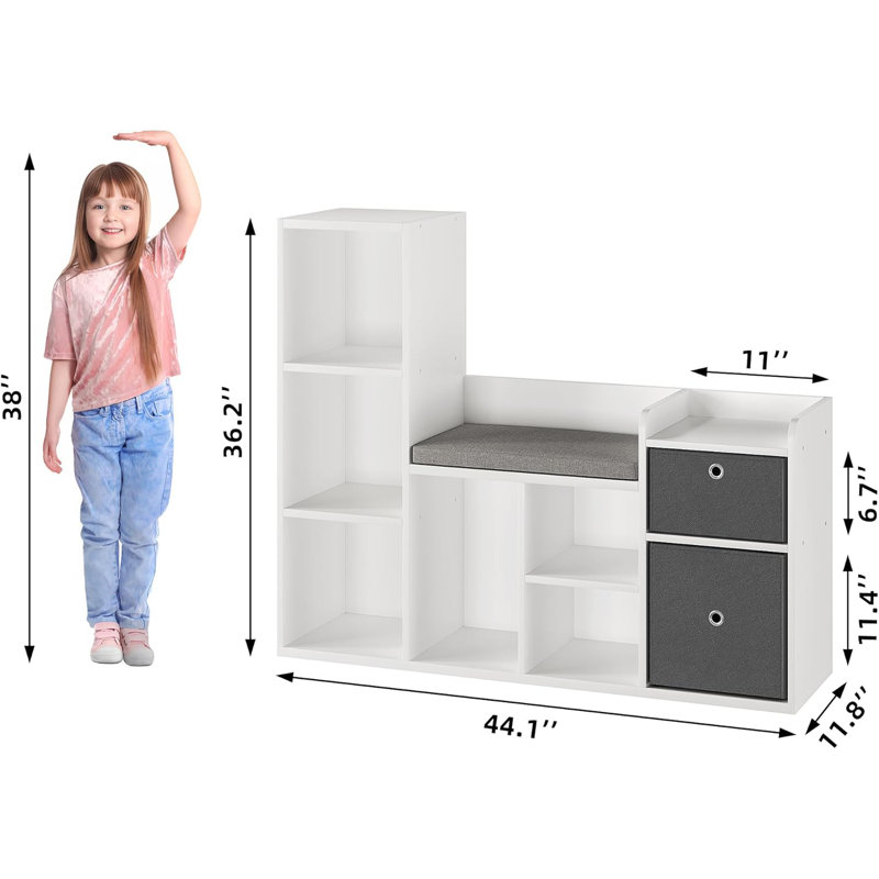 Kids Bookshelf 44.1in Width Toy Storage Organizer with Reading Nook White Bookcase Seat Cushion Wooden 6-Cubby Storage Bench 2 Drawers Toddler Cabinet Shelf for Kids Room, Playroom, Nursery