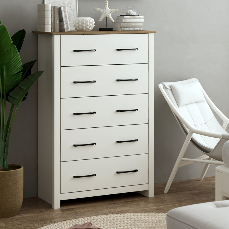 Commode 5 tiroirs H 46,7 po Walter, Ivoire / chêne noueux