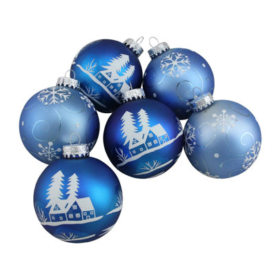 6ct Blue with White Glitter Designs Glass Ball Christmas Ornaments 3.25" (80mm)