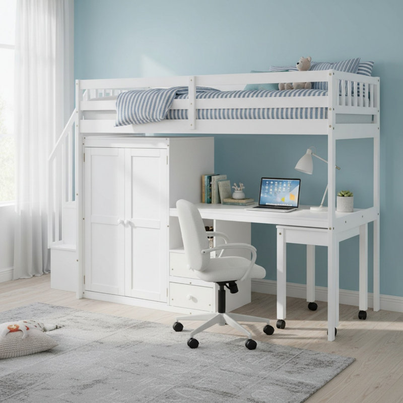 Lit mezzanine avec rangement et bureau, Blanc, Double