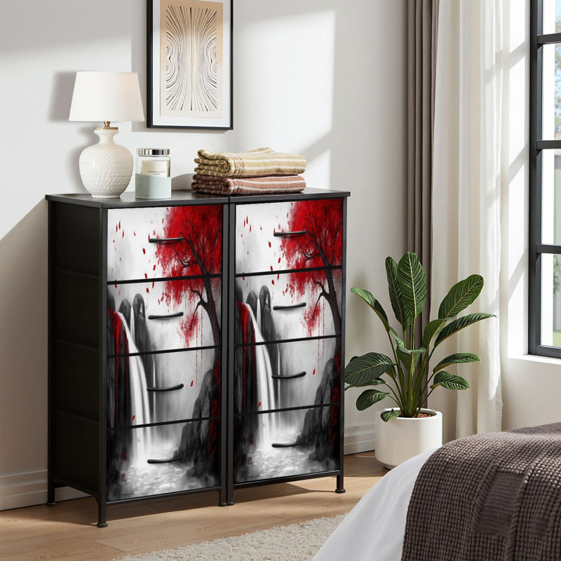 Dresser for Bedroom Dresser for Closet Black Black White White Red Wall Art Red Red Tree Landscape Autumn Red Dressers & Chests of Drawers Fabric Closet Organizers and Storage with 4 Drawers Storage Bins