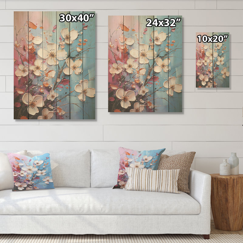 Bleu et rose cornouiller - art mural en bois de bois de cornouiller sur bois de pin naturel, H 40 po x l 30 po