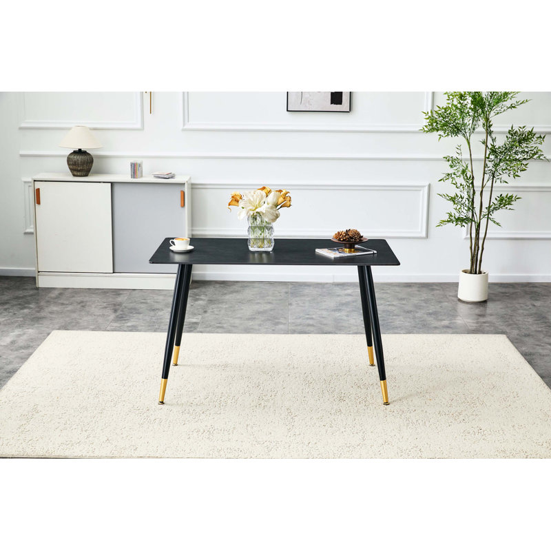 Table de salle à manger moderne en pierre frittée foncé avec base en métal robuste et résistante à la chaleur et aux rayures