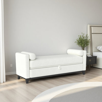 66 Inch Sherpa Storage Bench With Solid Wood Legs & Bolster Pillows, Multifunctional End Of Bed Bench For Bedroom