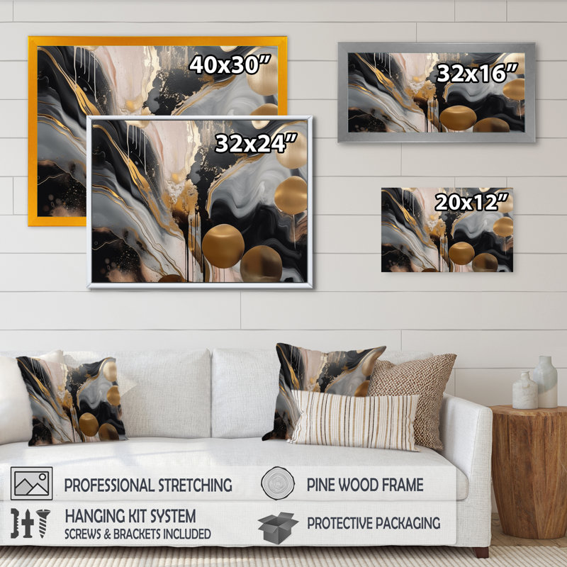 Marbre gris et doré captivant - art abstrait sur toile marbrée, Cadre photo unique, Noir, H 16 po x l 32 po