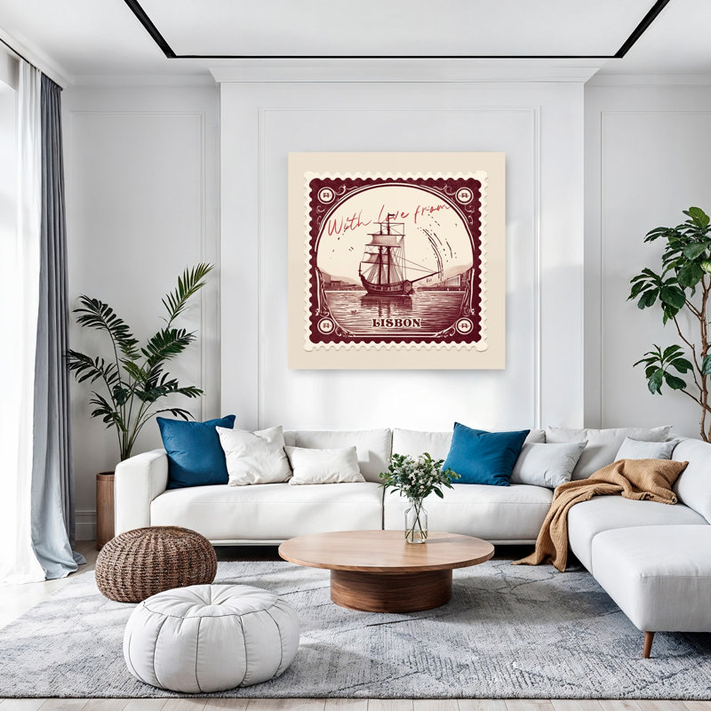 «Lisbon Sailing Ship Stamp», rétro, architecture traditionnelle de ville, impression d'art mural, 48" H x 48" W