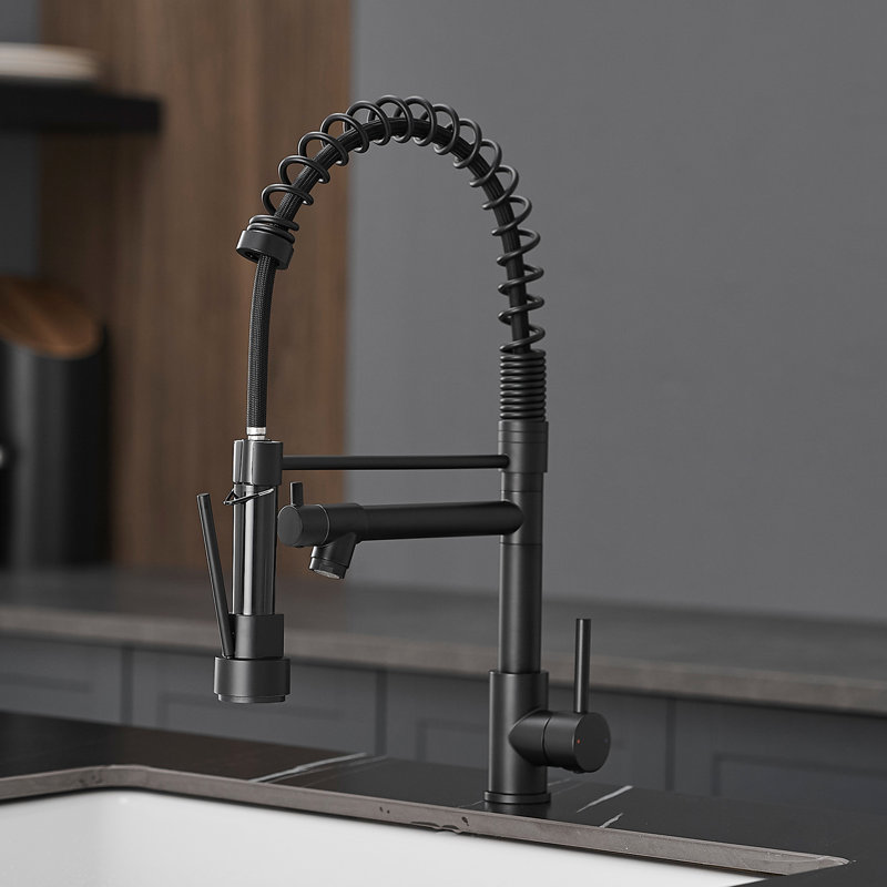 Single Handle Kitchen Faucet With Pull Down , Stainless Steel, Black Surface, 360-Degree Swivel Swivel, Long-Term Reliability