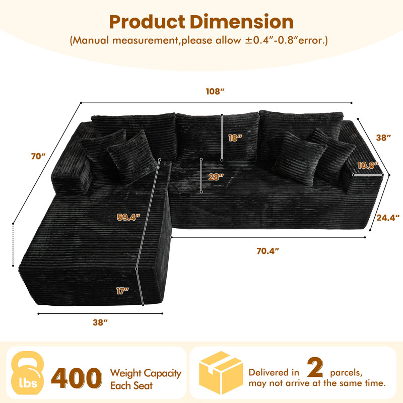 Canapé modulaire rembourré 2 pièces Boneless, Noir
