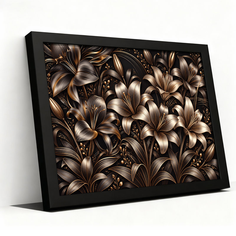 Art mural sur toile, lis métalliques bronze sur fond foncé, 24"H x 36"W