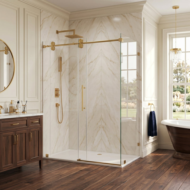 Cabine de douche coulissante sans cadre l 60 po x P 36 po x H 76 po avec verre brossé doré 3/8 po, 60" W X 36" D X 76" H