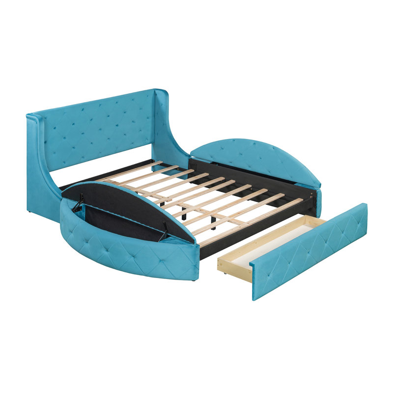 Lit plateforme tapissier grand en velours avec tête de lit à oreilles et 1 grand tiroir, 2 tabourets de rangement latéraux (bleu)